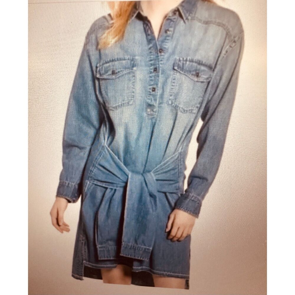 Current/Elliot Twist Popover Tie-waist Detail Boho Raw Hem Denim Shirt Dress 1